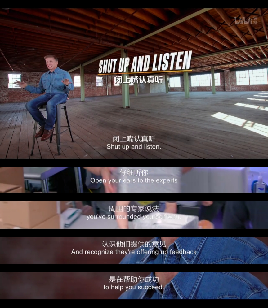 一位男子坐在椅子上，讲述关于倾听专家意见的重要性，背景是一个空旷的室内空间，顶部有木质横梁，画面中有中英文字幕。