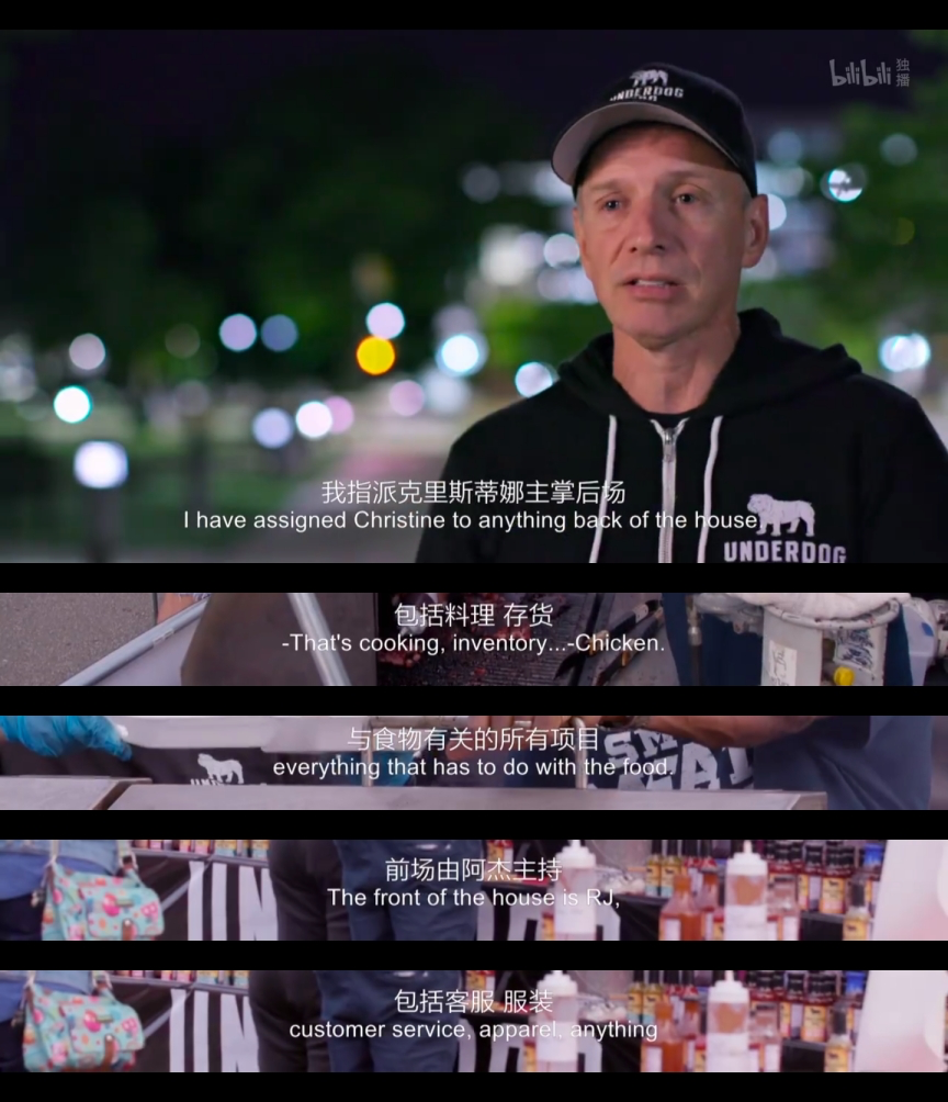 A man wearing a hoodie and a cap speaks about assigning tasks to team members in a food business setting, with blurred lights in the background.