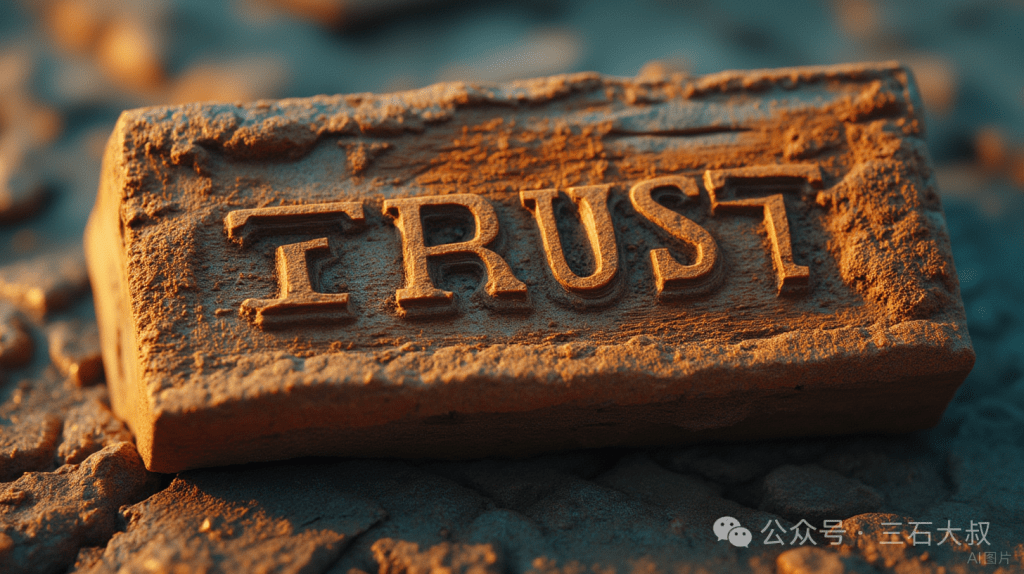 A close-up of a brick with the word 'TRUST' engraved on it, resting on a textured surface.