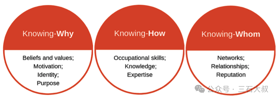 三个圈的图示，分别标有"Knowing-Why"、"Knowing-How" 和 "Knowing-Whom"，展示了与职业发展相关的信念、技能和人脉的交汇关系。