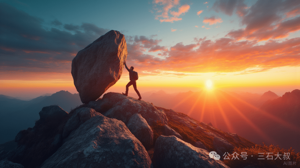 A person pushing a large boulder uphill on a rocky mountain at sunset, with dramatic clouds and rays of sunlight in the background.