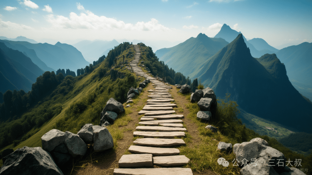 一条蜿蜒的石头小路沿着山峰延伸，周围被青翠的山岭和蓝天白云环绕，展现出壮丽的自然风光。