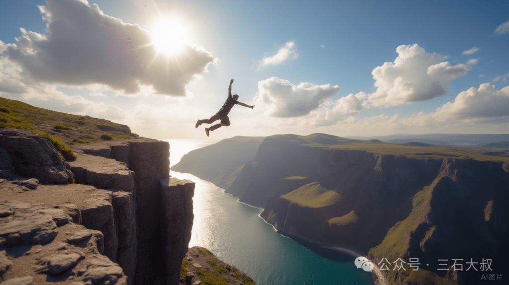 一个人从悬崖边缘跳跃，背景是辽阔的山水和蓝天，阳光明亮，表现出一种勇敢和探索的精神。