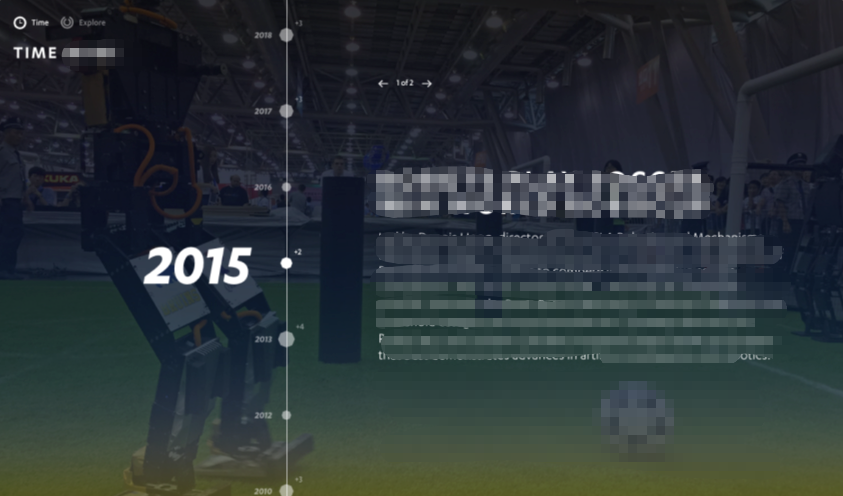 A timeline graphic highlighting events and milestones related to robotics, featuring a humanoid robot in the foreground and a blurred backdrop of an exhibition setting.