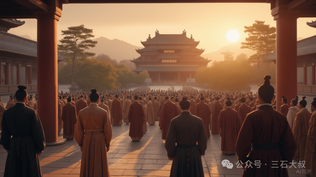 一群身穿古代服装的人聚集在一个传统建筑前，背景是山丘和夕阳，展现出古典文化氛围。