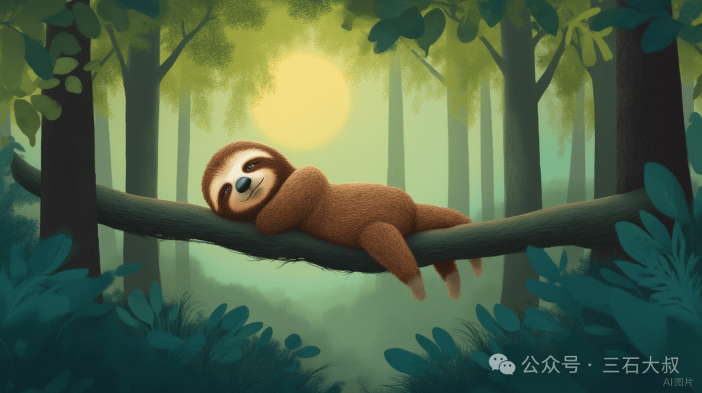 一只可爱的树懒悠闲地躺在一根树枝上，阳光透过树林洒下，营造出宁静的自然氛围。